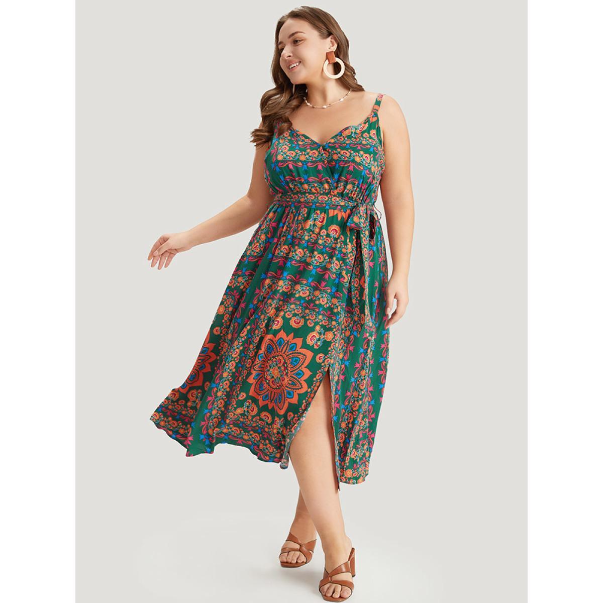 Plus Size Boho Print Belted Split Hem Pocket Cami Dress DarkGreen Women Vacation Gathered V-neck Sleeveless Curvy Midi Dress BloomChic 14-16/1X Product Image