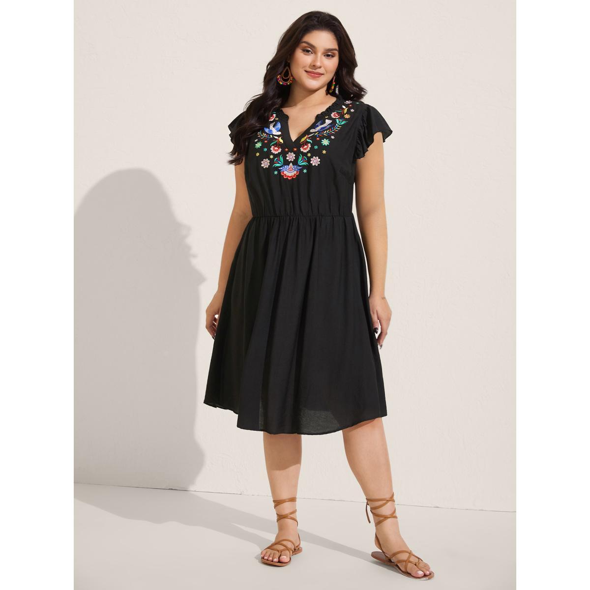Plus Size Floral Embroidered Notched Collar Midi Dress Black Women Boho Flat collar with V-notch Cap Sleeve Curvy BloomChic 12/L Product Image