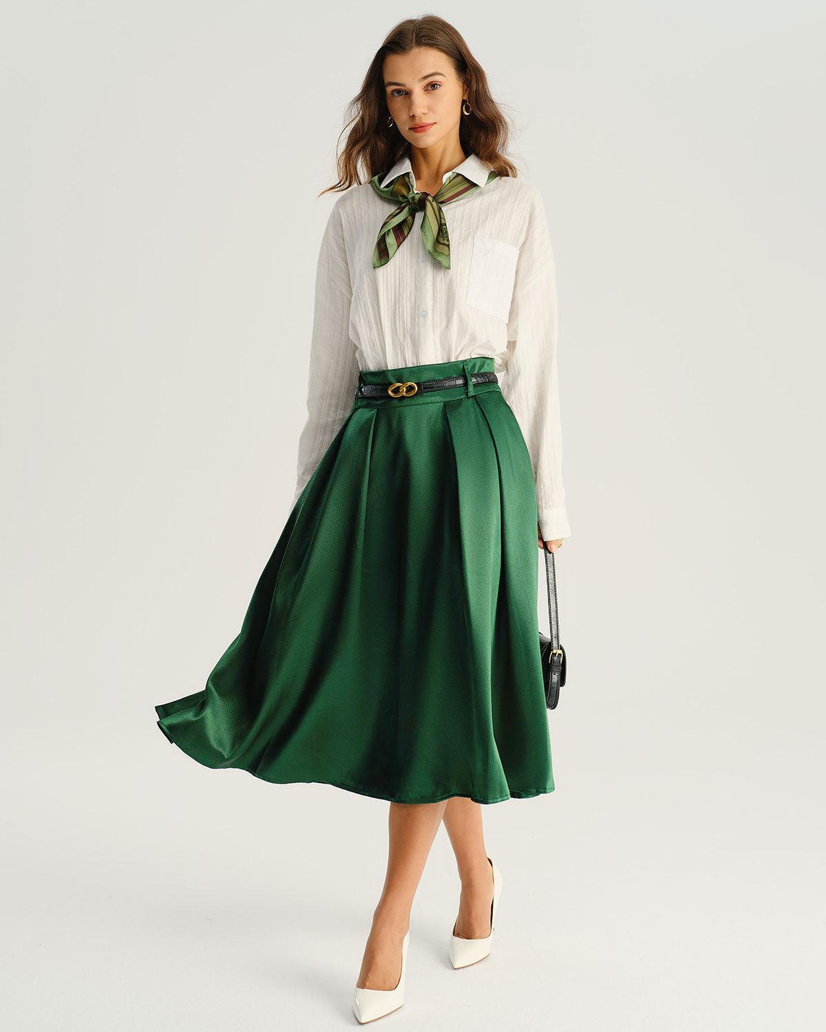 Green Pocket Flared Midi Skirt Product Image