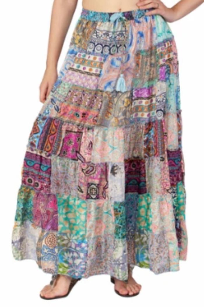 Silky Long Patchwork Skirt with Drawstring Waist Product Image