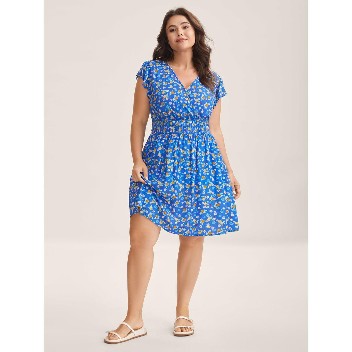 Plus Size Fruity Floral Stretchy Waist Midi Dress Skyblue Women Leisure Overlap Collar Cap Sleeve Curvy BloomChic 26/4X Product Image