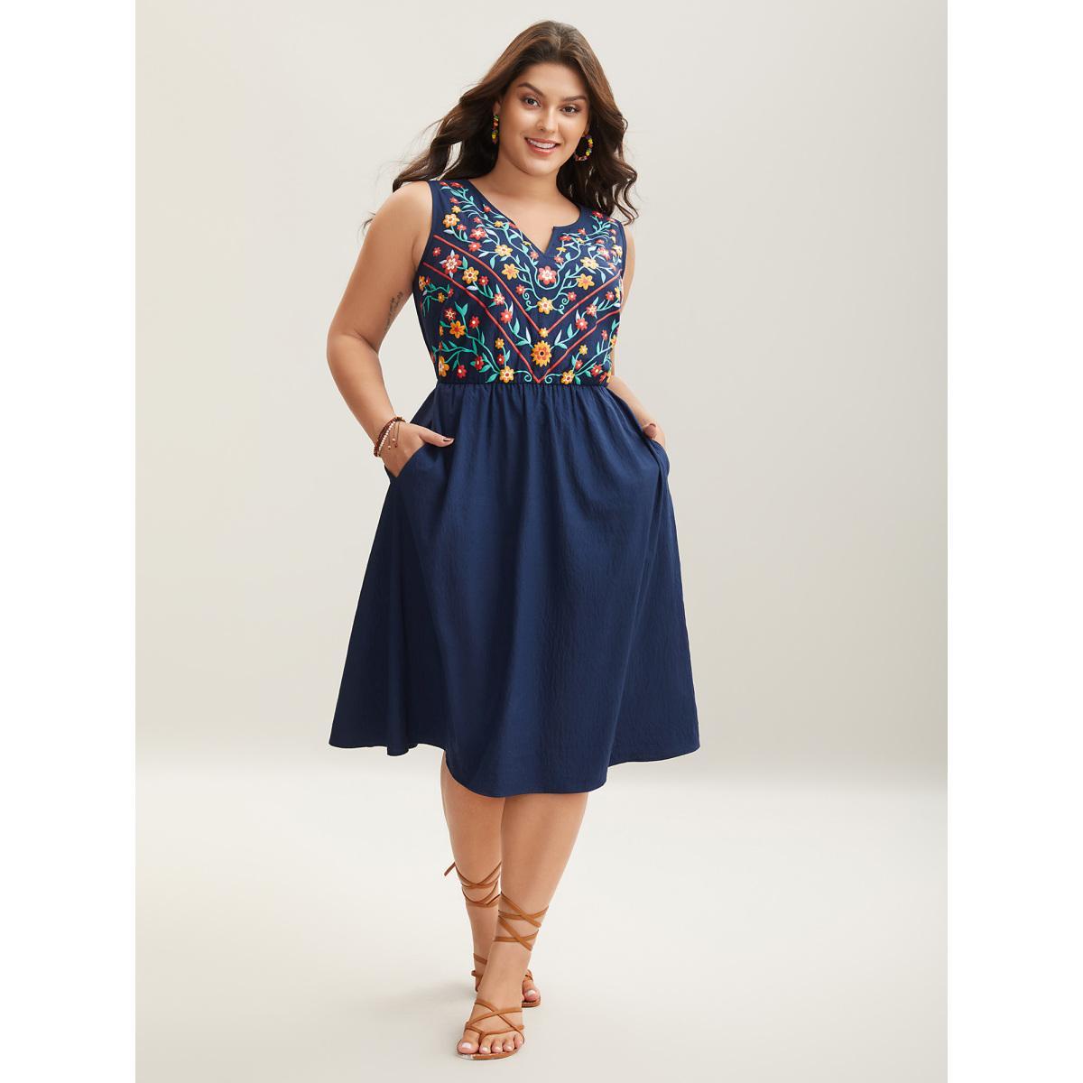 Plus Size Imitation Embroidery Woven Sleeveless Midi Dress Navy Women Boho Asymmetrical Neck Sleeveless Curvy BloomChic 12/L Product Image