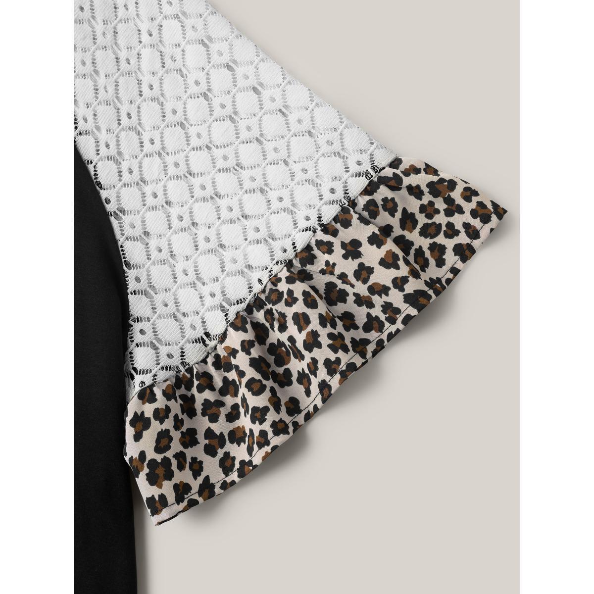 Plus Size Textured Leopard Print Contrast Plain T-Shirt Black Women Casual See through V-neck Everyday-Casual T-shirts BloomChic 30/6X Product Image