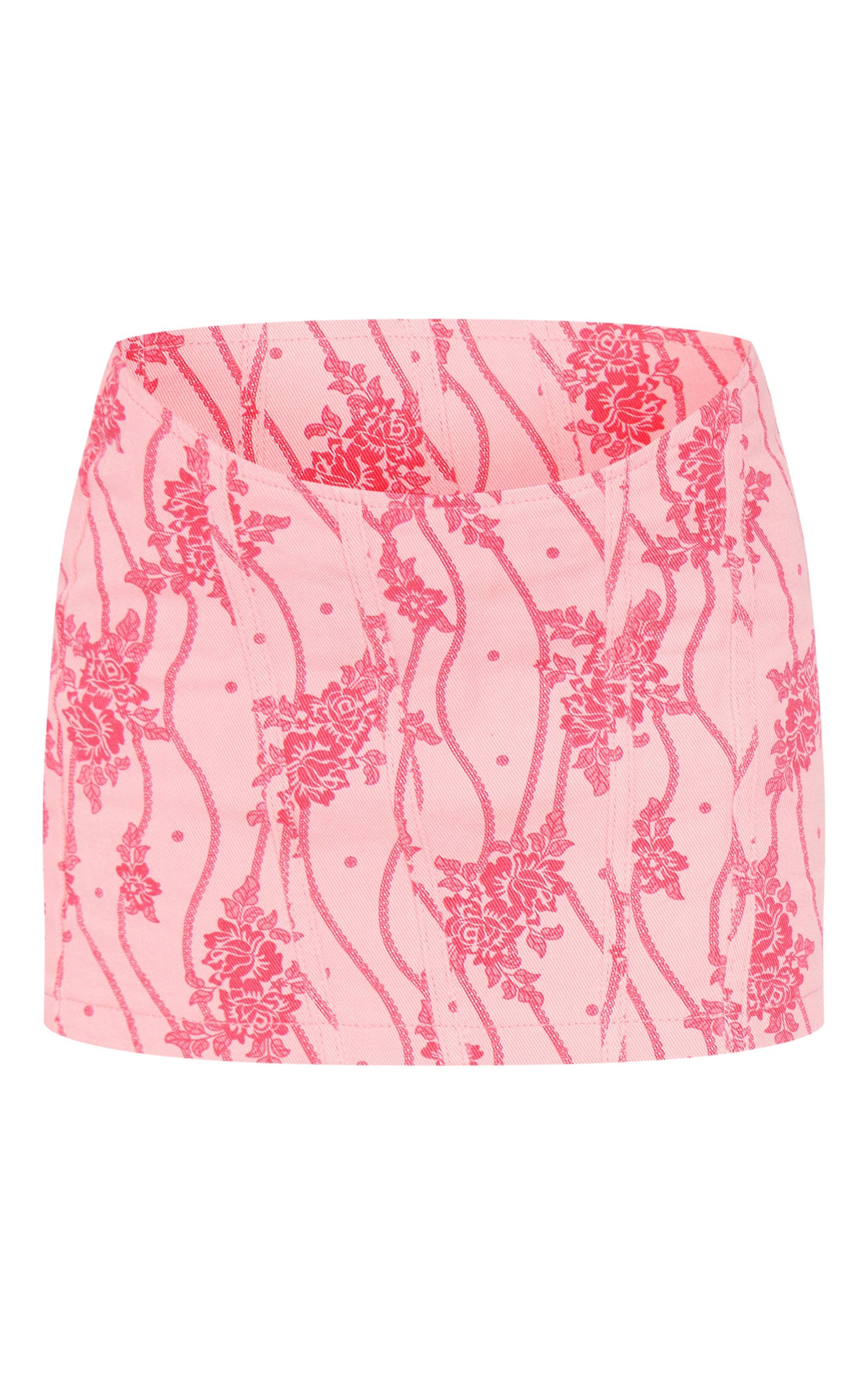 Pink Lace Print Denim Mini Skirt Product Image