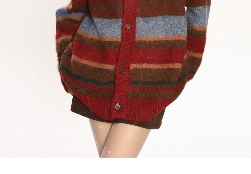 Round Neck Striped Button Up Cardigan Product Image