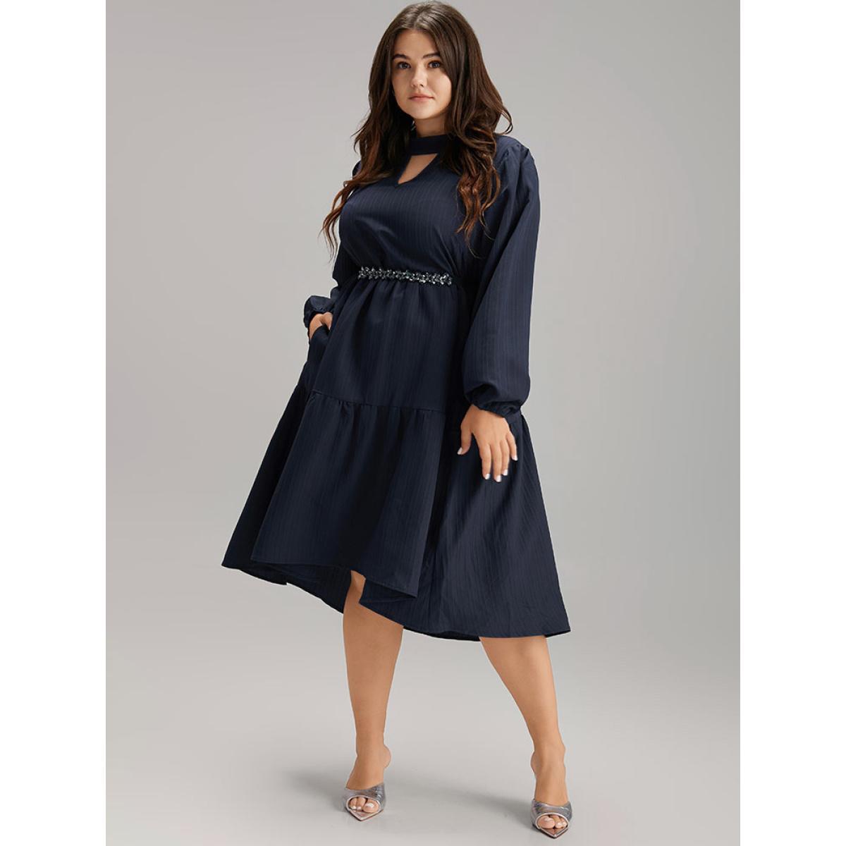 Plus Size Solid Cut Out Lantern Sleeve Dress DarkBlue Women Elegant Elastic cuffs Keyhole Cut-Out Long Sleeve Curvy Midi Dress BloomChic 14-16/1X Product Image