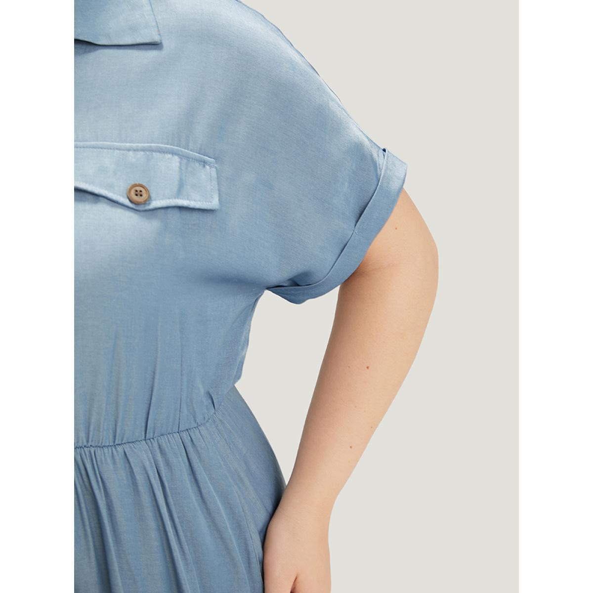 Plus Size Plain Pocket Button Detail Gathered Roll Dolman Sleeve Dress Stone Women Casual Gathered Shirt collar Short sleeve Curvy Midi Dress BloomChic 30/6X Product Image
