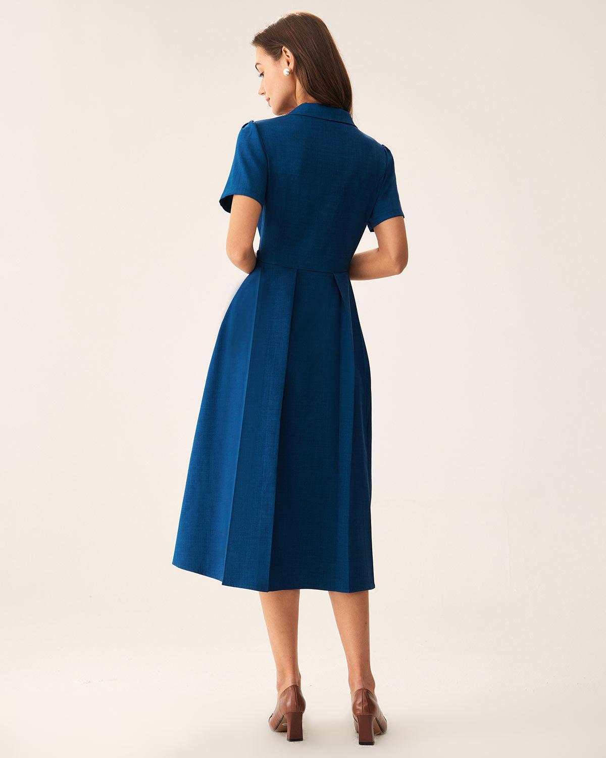 Blue V Neck Pleated Button Midi Dress Product Image