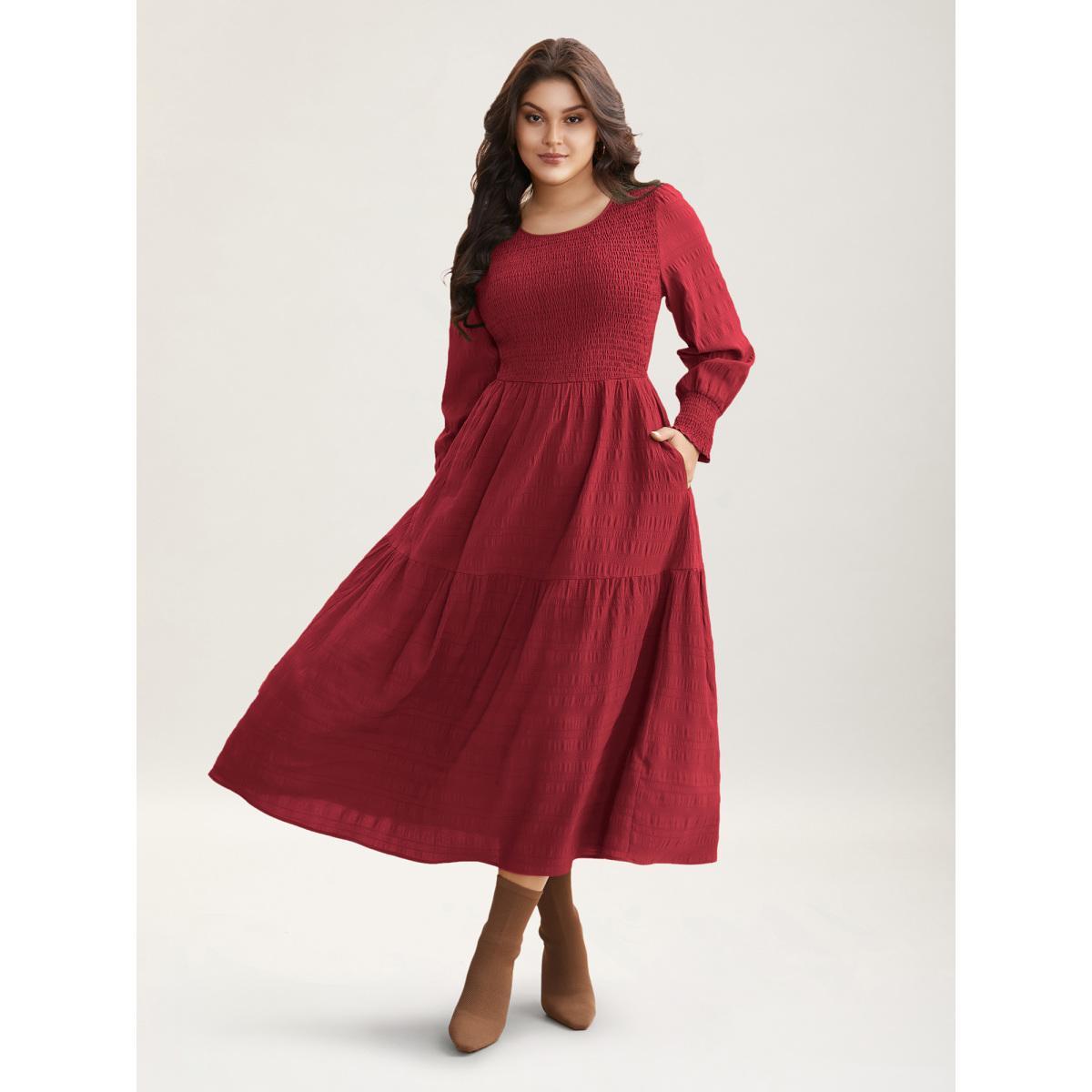 Plus Size Plain Textured Shirred Midi Dress Moss Women Timeless Texture Round Neck Long Sleeve Curvy BloomChic 30/6X Product Image