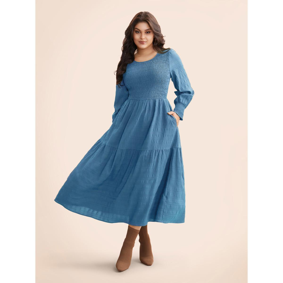 Plus Size Plain Textured Shirred Midi Dress Skyblue Women Elegant Texture Round Neck Long Sleeve Curvy BloomChic 26/4X Product Image