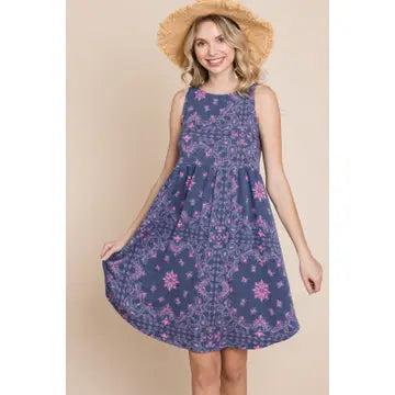 Blue and Pink Floral Paisley Babydoll Dress Product Image