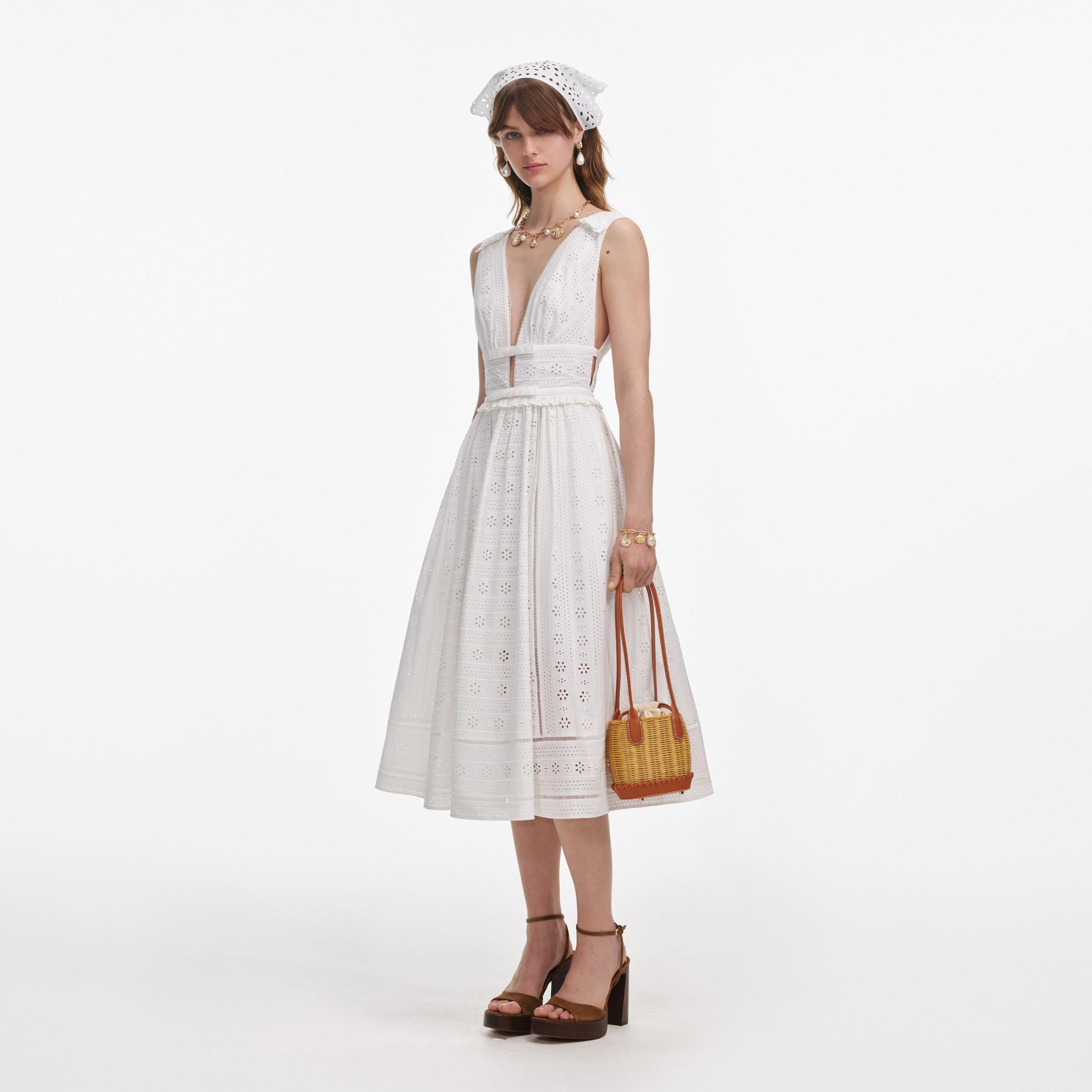 White Cotton Broderie Midi Dress Product Image