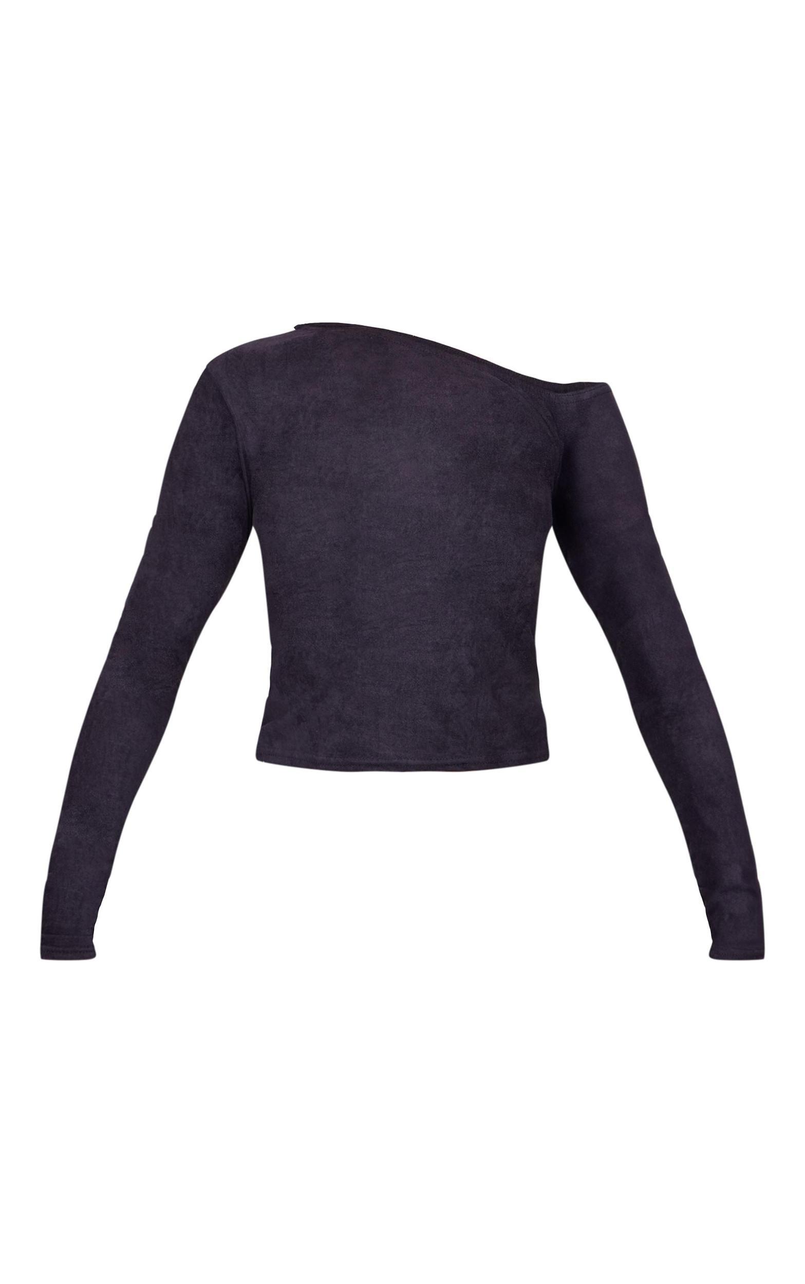 Black Faux Suede Asymmetric Neck Long Sleeve Top Product Image