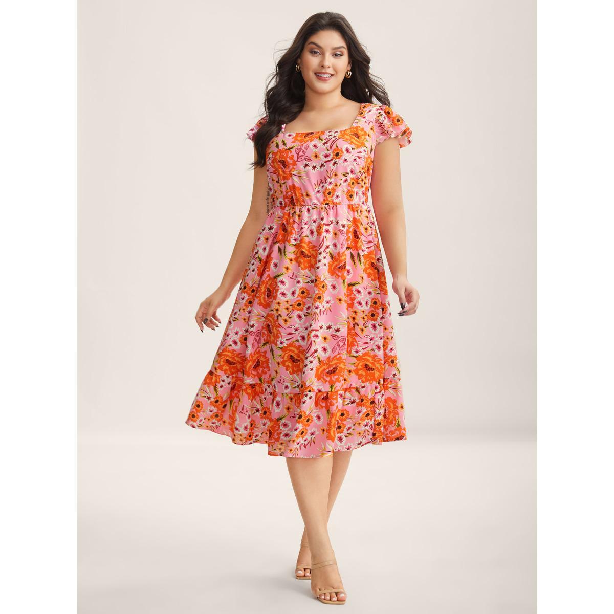 Plus Size Floral Print Flutter Sleeve Tiered Midi Dress Blush Women Square Neck Cap Sleeve Curvy BloomChic 26/4X Product Image