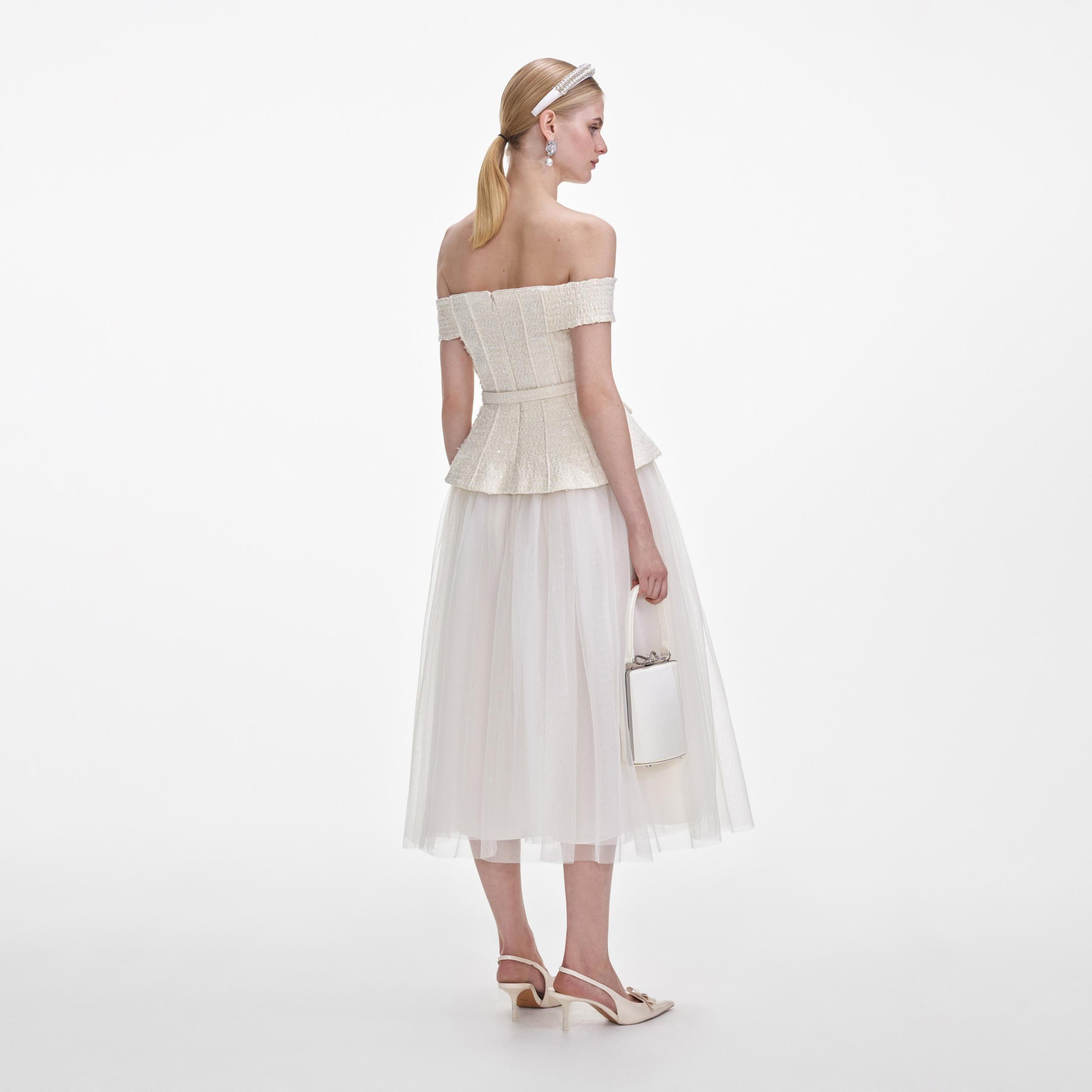 Cream Boucle Tulle Midi Dress Product Image