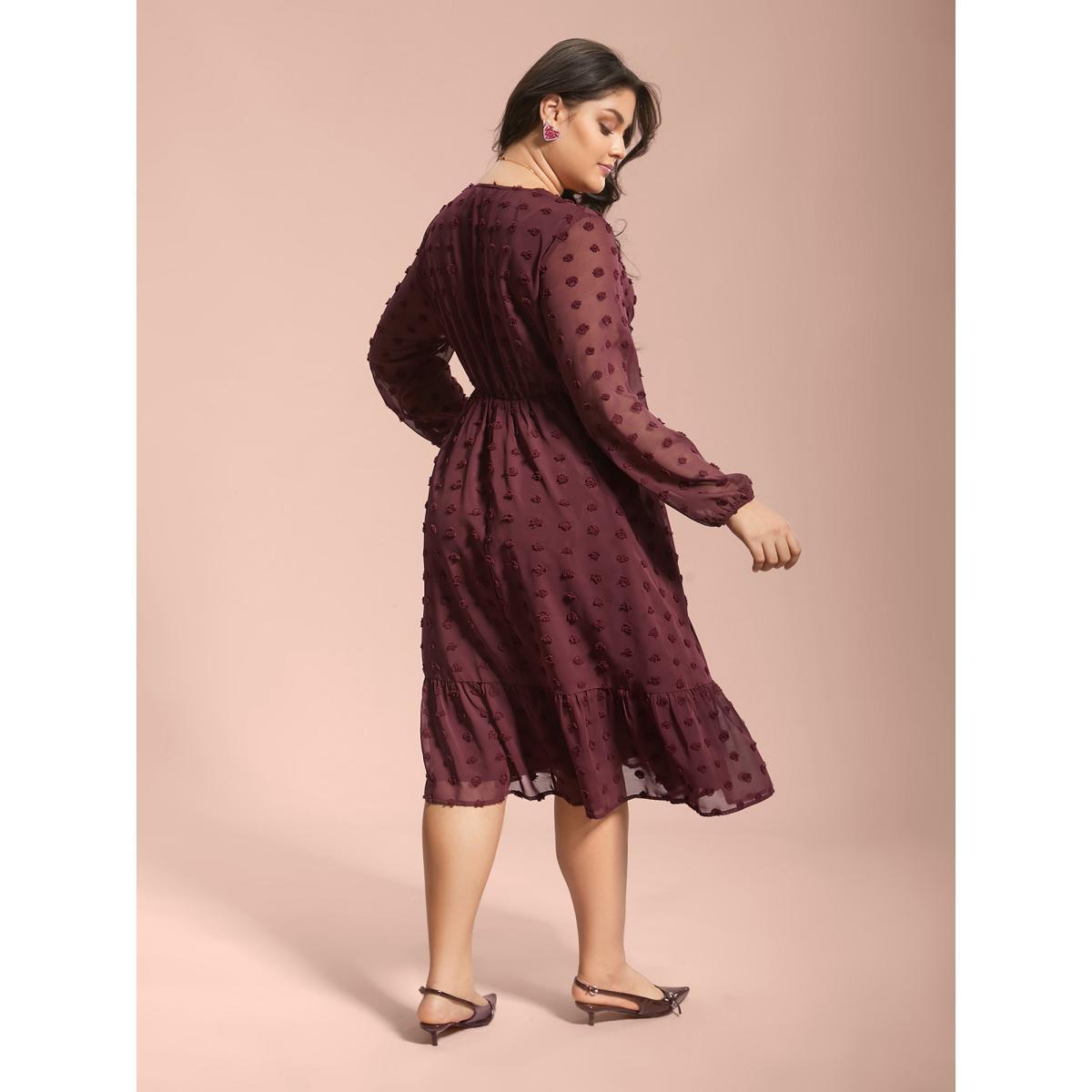 Plus Size Surplice Neck Textured Tiered Dress Burgundy Women Elegant Texture Overlap Collar Long Sleeve Curvy BloomChic 12/L Product Image