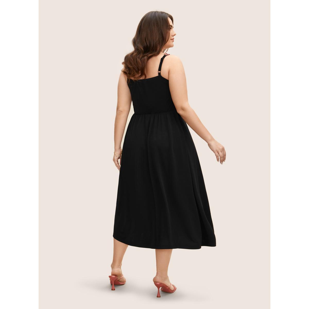 Plus Size Floral Embroidered Pocket Midi Cami Dress Black Women Romantic Embroidered Heart neckline Sleeveless Curvy BloomChic 26/4X Product Image