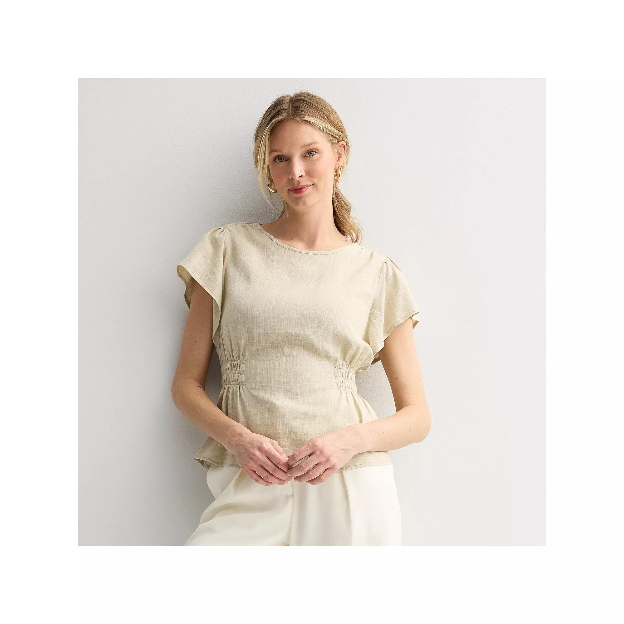 Women's Nine West Cinched Flutter Sleeve Blouse, Size: Large, Beige Product Image