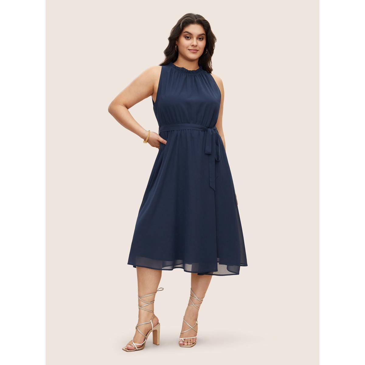 Plus Size Plain Sleeveless Frill Trim Pocket Belted Mock Neck Dress DarkBlue Women At the Office Pocket Mock Neck Sleeveless Curvy Midi Dress BloomChic 30/6X Product Image