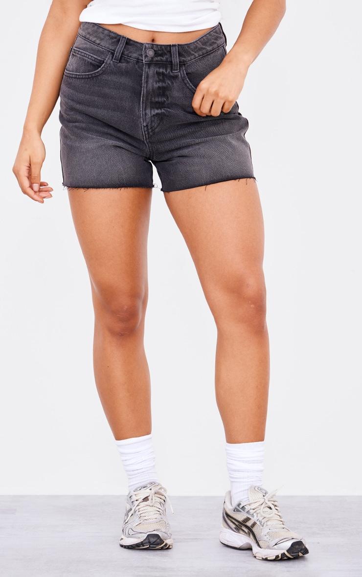 PRETTYLITTLETHING Washed Black Raw Hem Boyfriend Denim Shorts Product Image