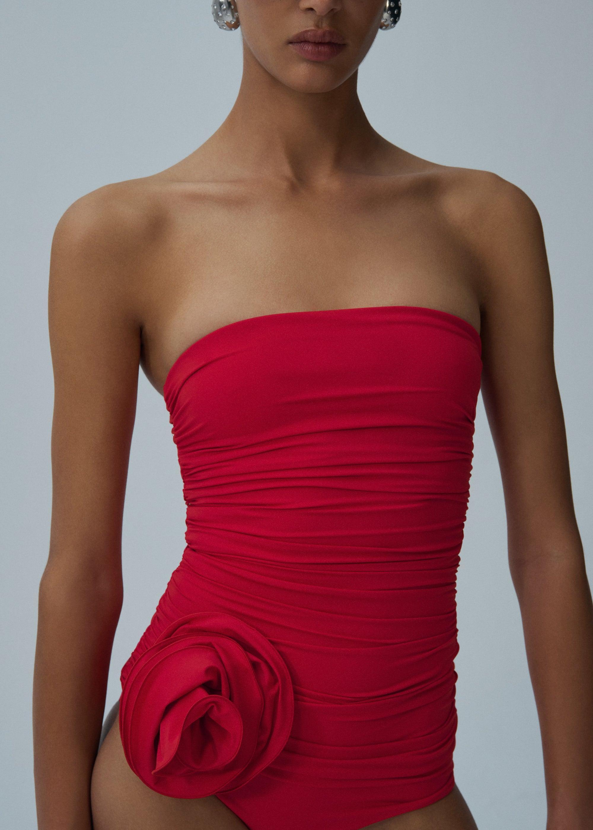 Flower appliqué strapless draped swimsuit in red Product Image