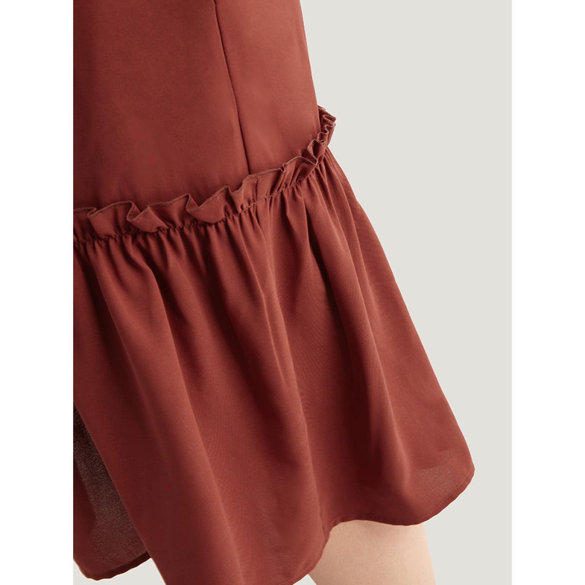 Plus Size Guipure Lace Frill Trim Cut Out Ruffle Hem Dress Russet Women Casual Gathered Round Neck Elbow-length sleeve Curvy Midi Dress BloomChic 28/5X Product Image