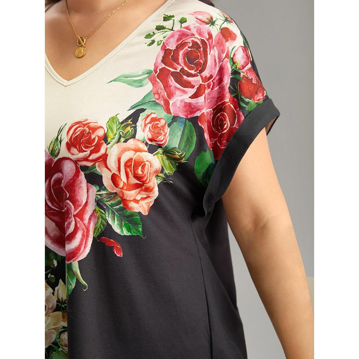 Plus Size Boho Print Roll Batwing Sleeve T-shirt Black Women Casual Contrast Floral V-neck Dailywear T-shirts BloomChic 14-16/1X Product Image