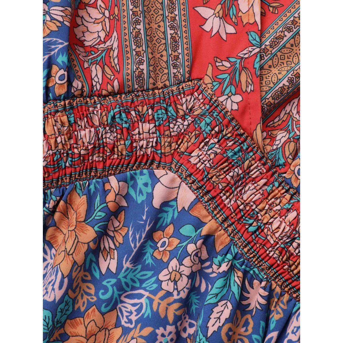 Plus Size Boho Print Ruffled Shirred V-Neck Maxi Dress Mediumblue Women Resort Shirred Overlap Collar Half Sleeve Curvy BloomChic 18-20/2X Product Image