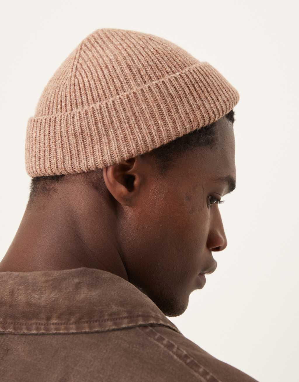 ASOS DESIGN lambswool mini fisherman ribbed beanie in brown Product Image