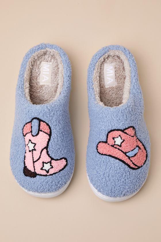 Cozi Blue and Pink Western Shearling Slippers Product Image