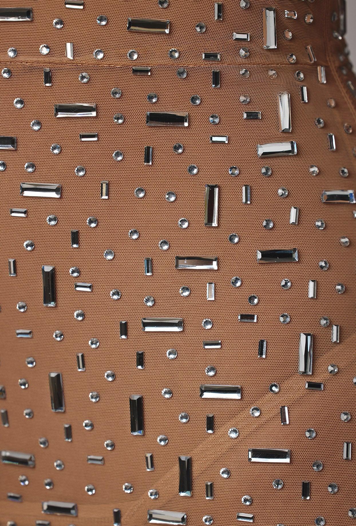 Sheer Embellished High Neck Evening Gown in Almond Product Image