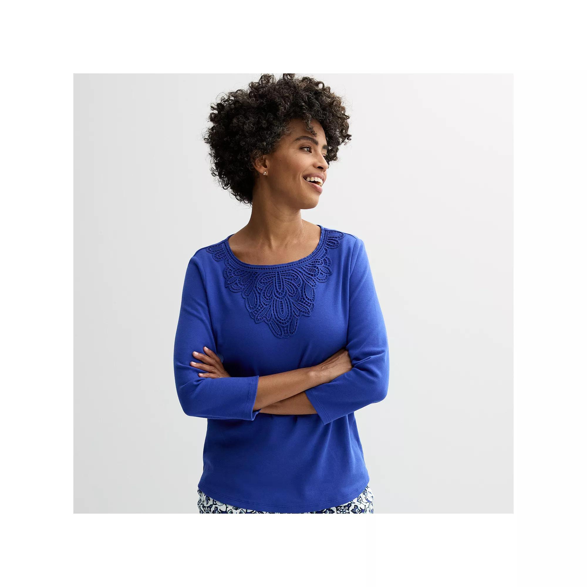 Petite Croft & Barrow® Lace Round Neck Top, Women's,  Product Image