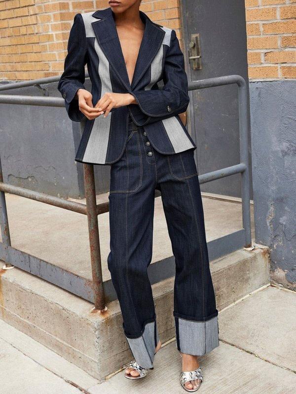 High Waisted Straight Leg Contrast Color Split-Joint Jean Pants Bottoms Product Image