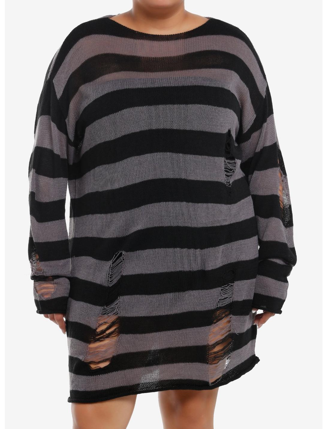 Social Collision Grey & Black Stripe Distressed Sweater Dress Plus Size Product Image