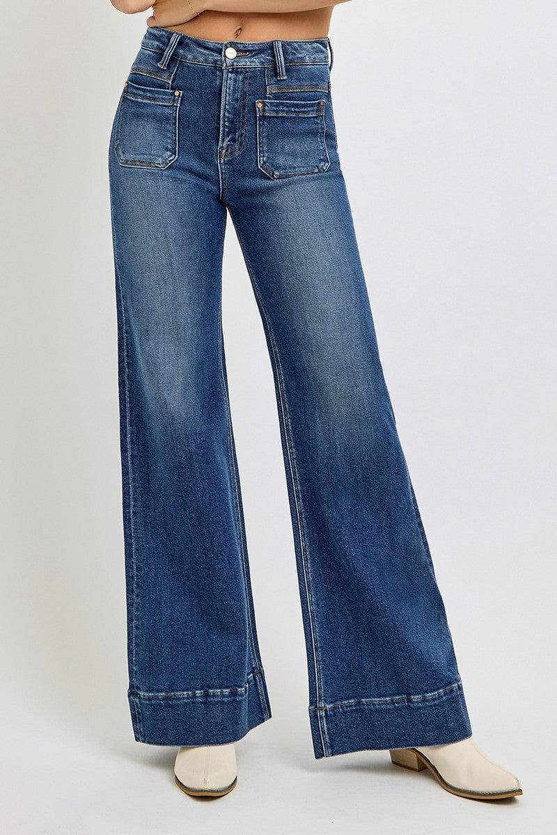 PLUS High Rise Wide Flare Patch Pocket Jeans Product Image