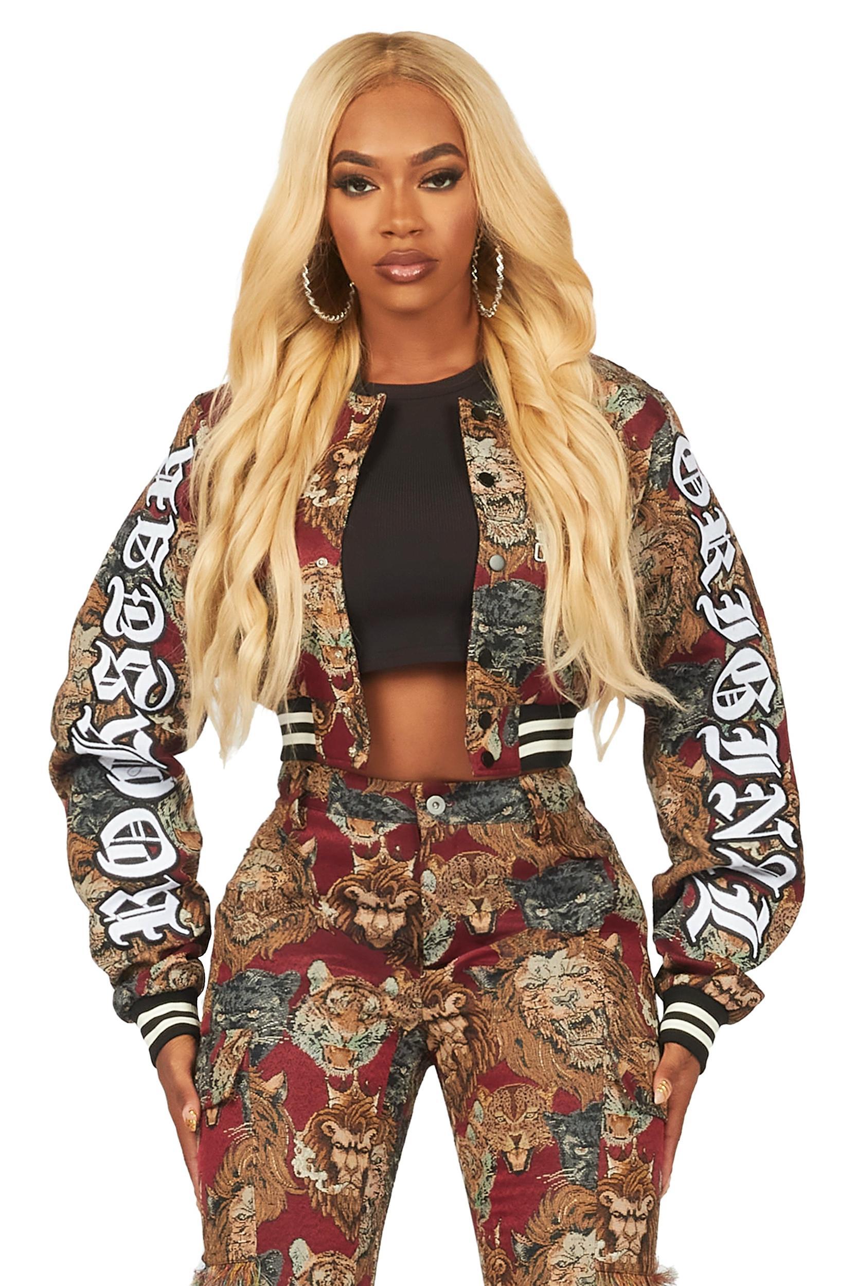 Khadiyah Red Crop Tapestry Varsity Jacket Female Product Image