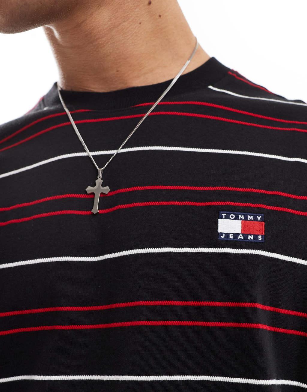 Tommy Jeans relaxed badge logo t-shirt in black and red stripe Product Image