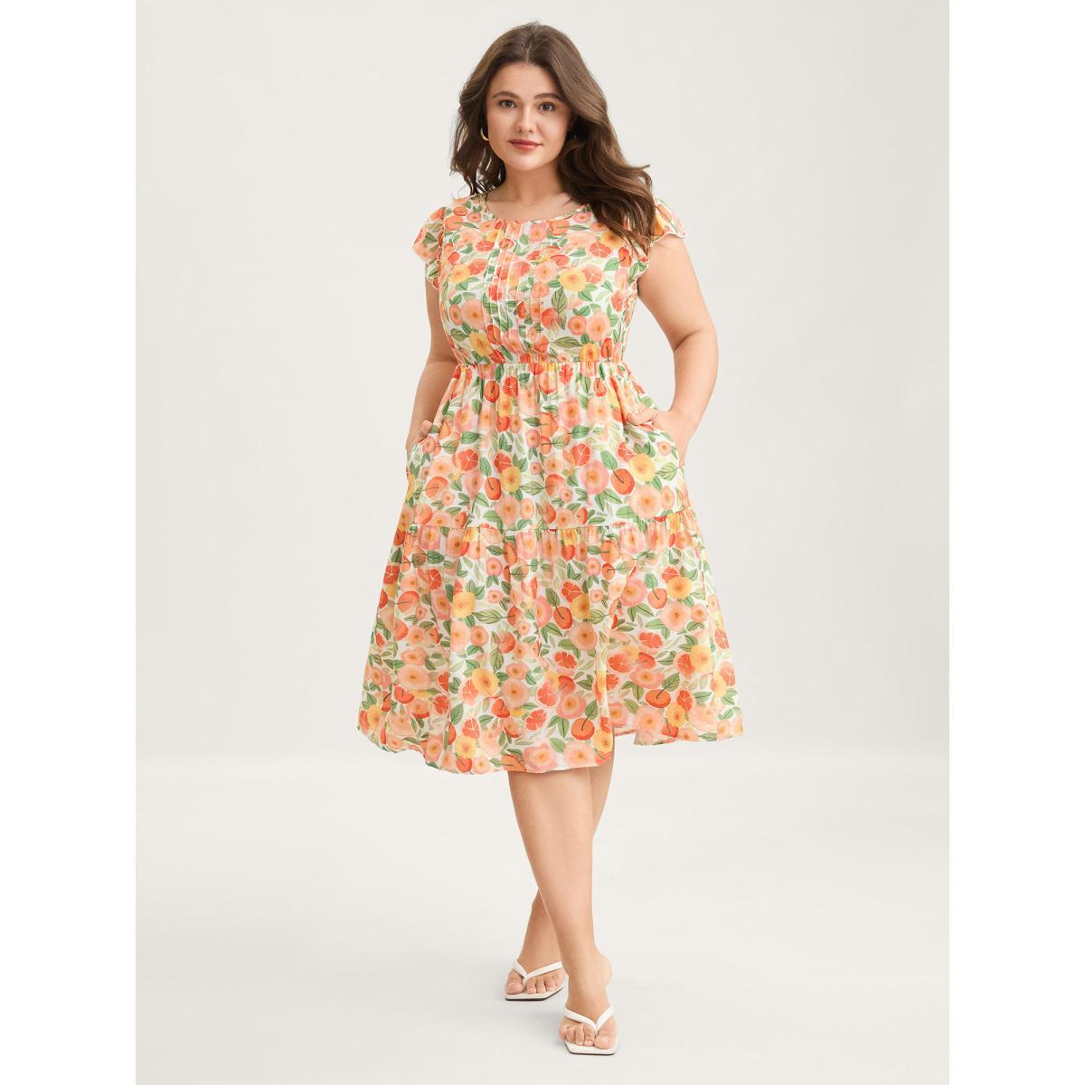 Plus Size Citrus Print Pleated Flutter Sleeve Midi Dress Multicolor Women Round Neck Cap Sleeve Curvy BloomChic 18-20/2X Product Image