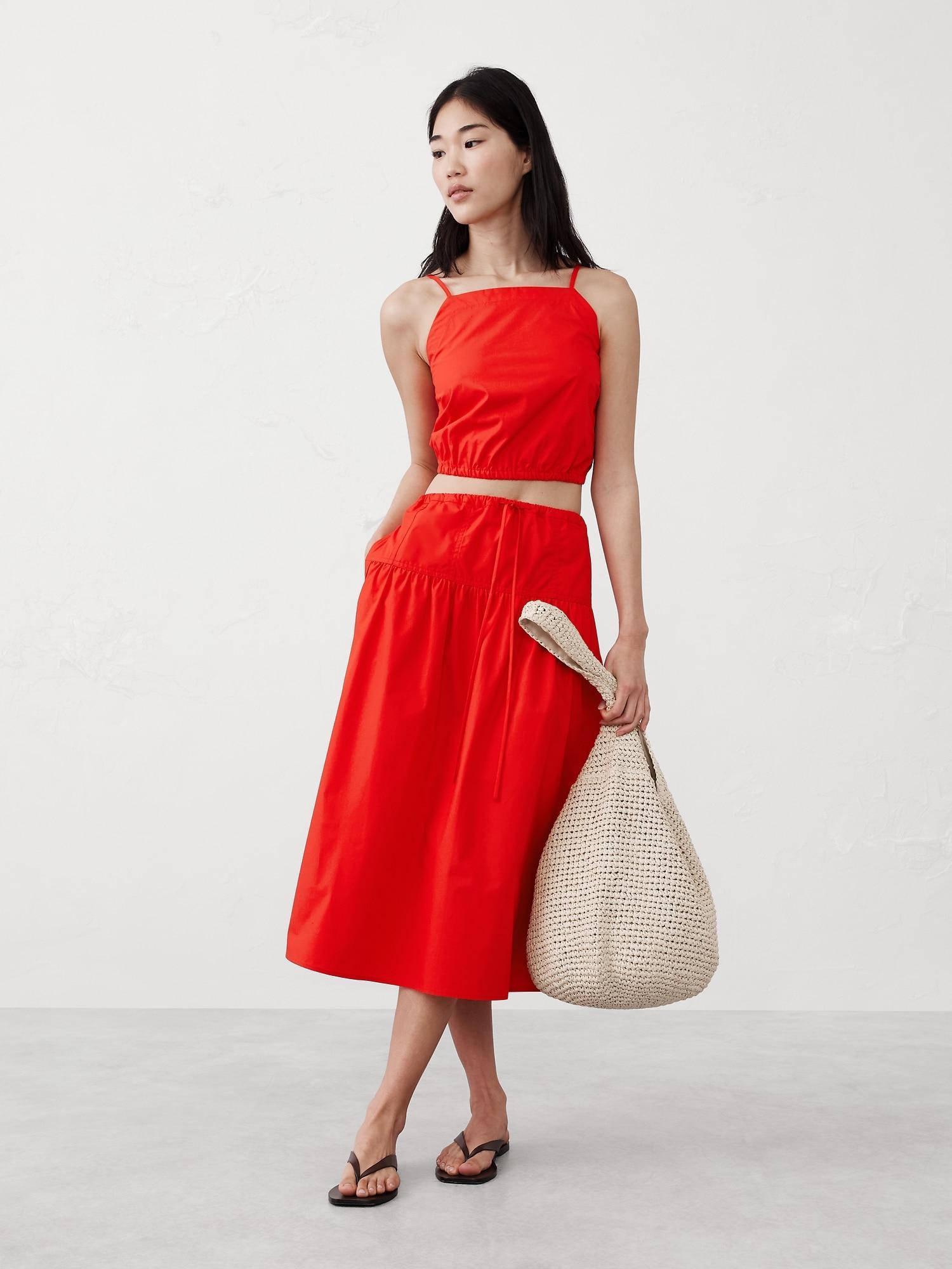 Poplin Drop-Waist Midi Skirt Product Image