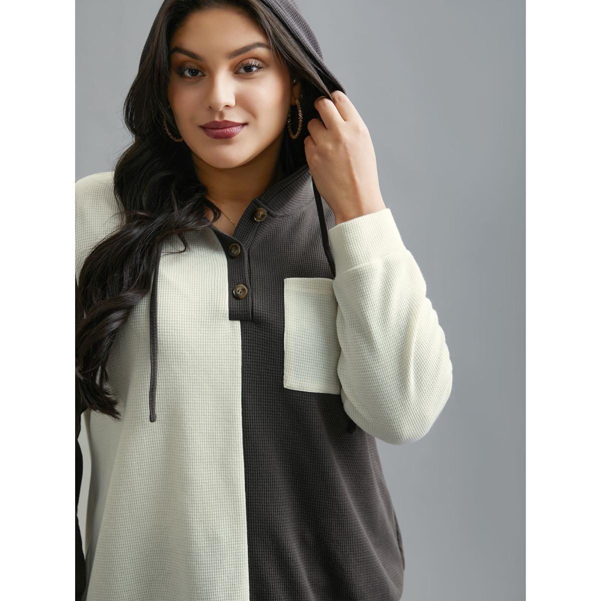 Plus Size Half Placket Chest Textured Pocket Hoodie Women DimGray Casual Texture Hooded Everyday Sweatshirts BloomChic 12/L Product Image