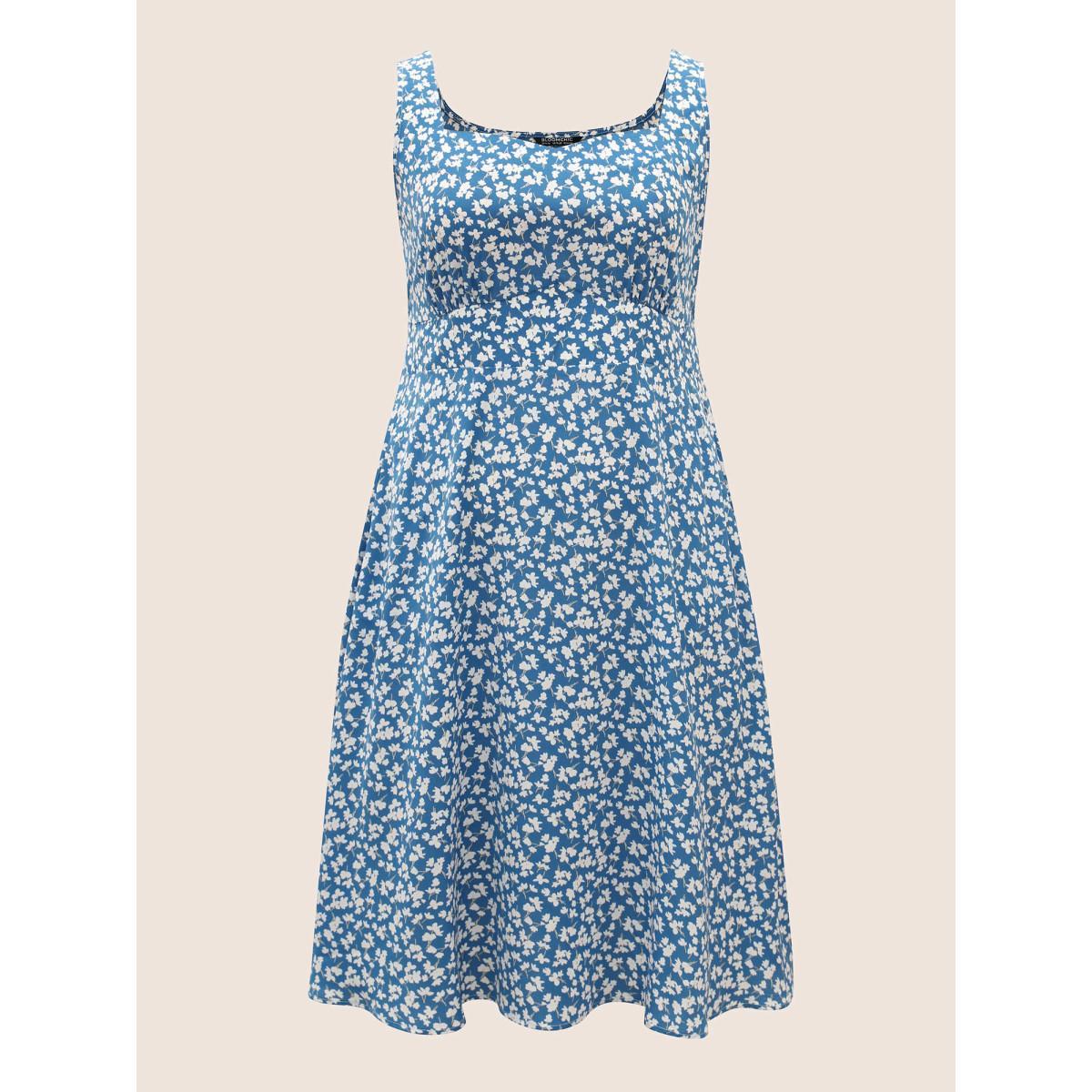 Plus Size Square Neck Ditsy Floral Shirred Dress Blue Women Elegant Shirred Square Neck Sleeveless Curvy BloomChic 18-20/2X Product Image