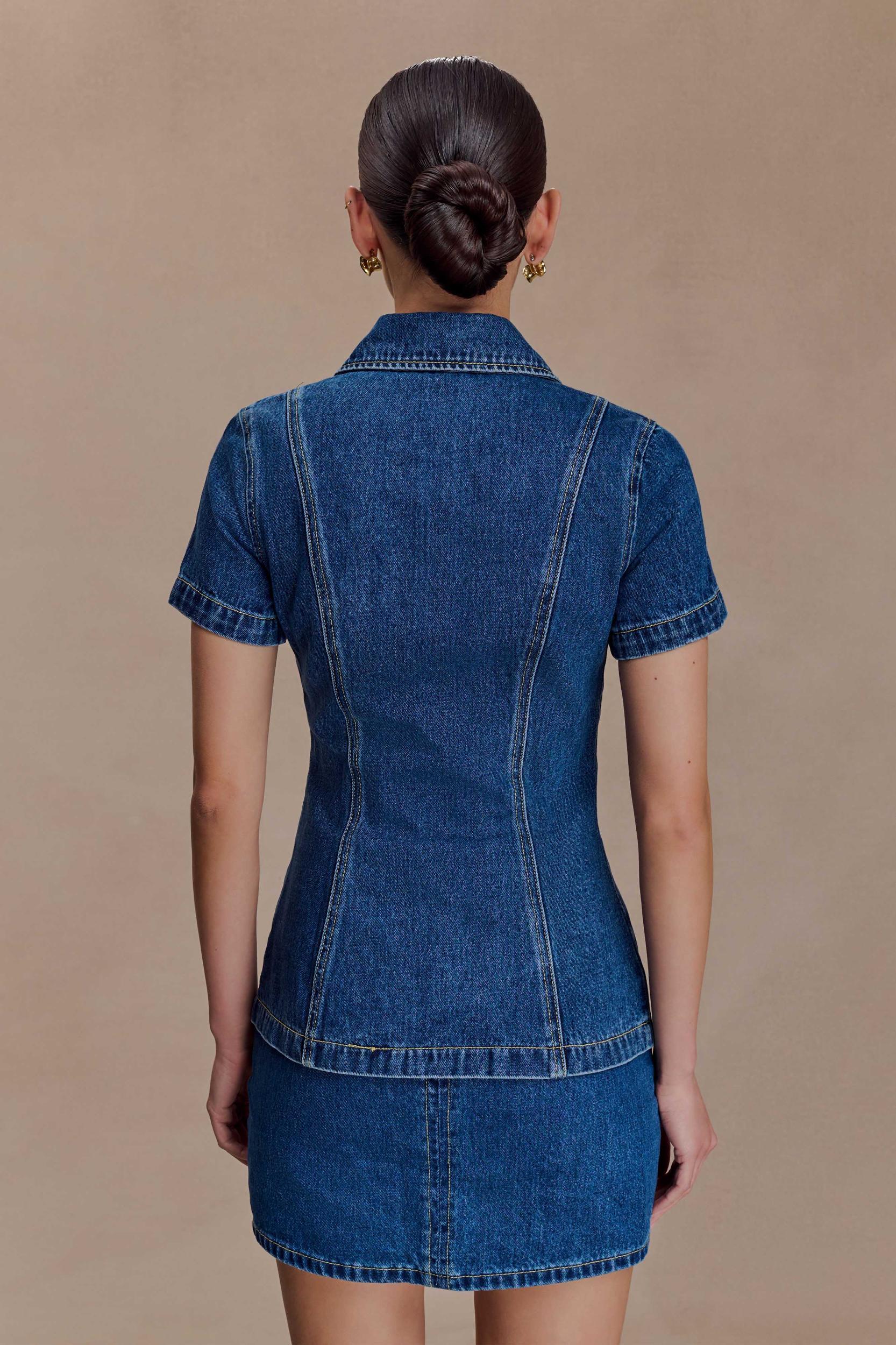 Ellie Denim Short Sleeve Top - Dark Blue Product Image