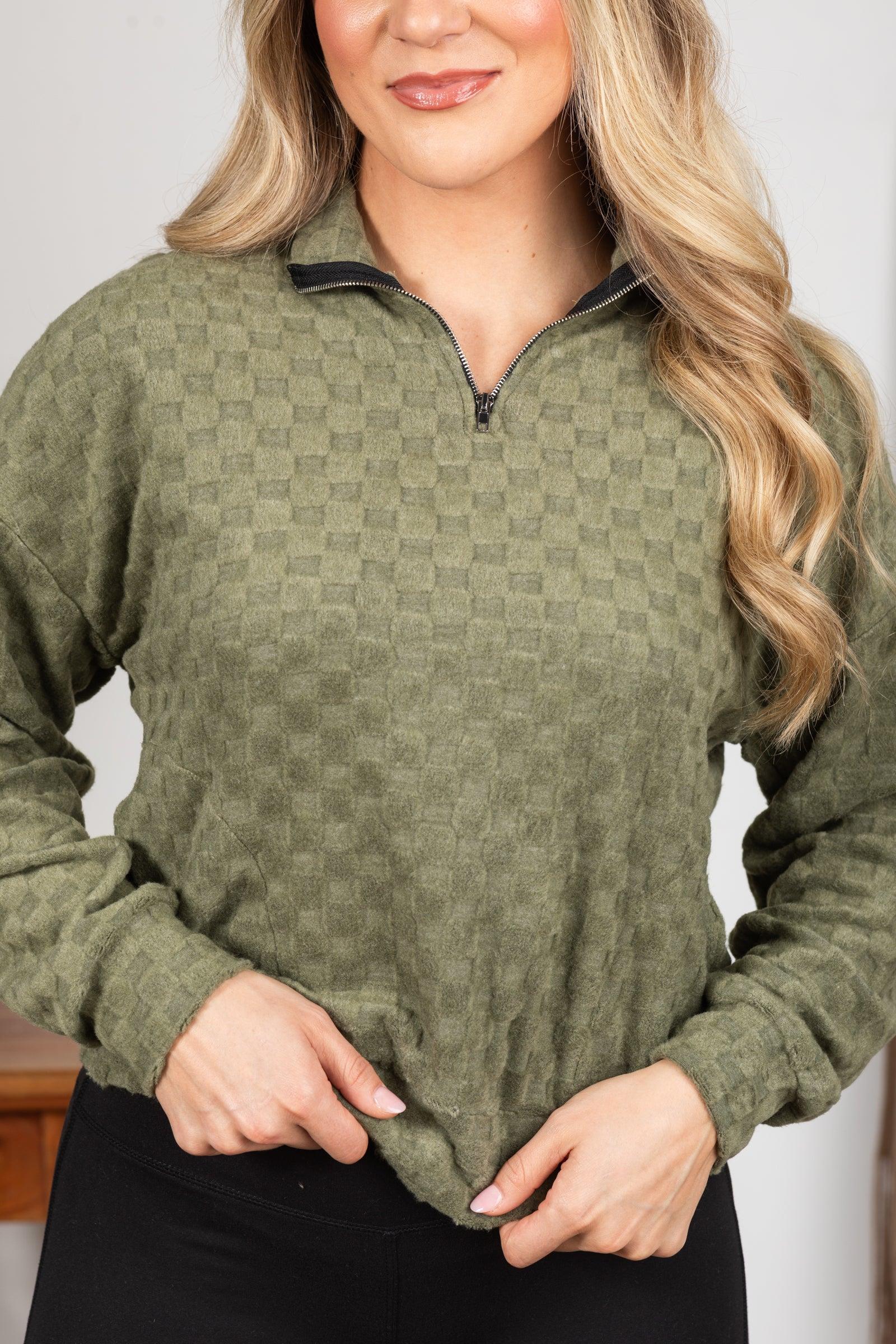 Fuzzy Checkered 1/4 Zip Knit Top Product Image