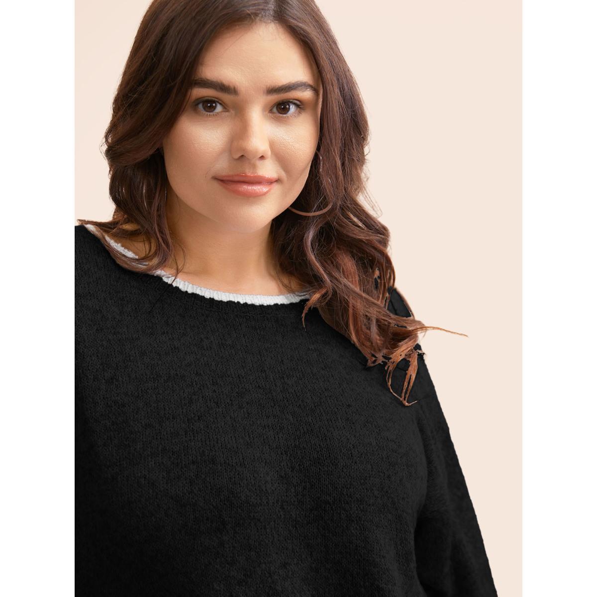 Plus Size Round Neck Bowknot Cut Out Pullover Black Women Casual Long Sleeve Round Neck Everyday Pullovers BloomChic 14-16/1X Product Image