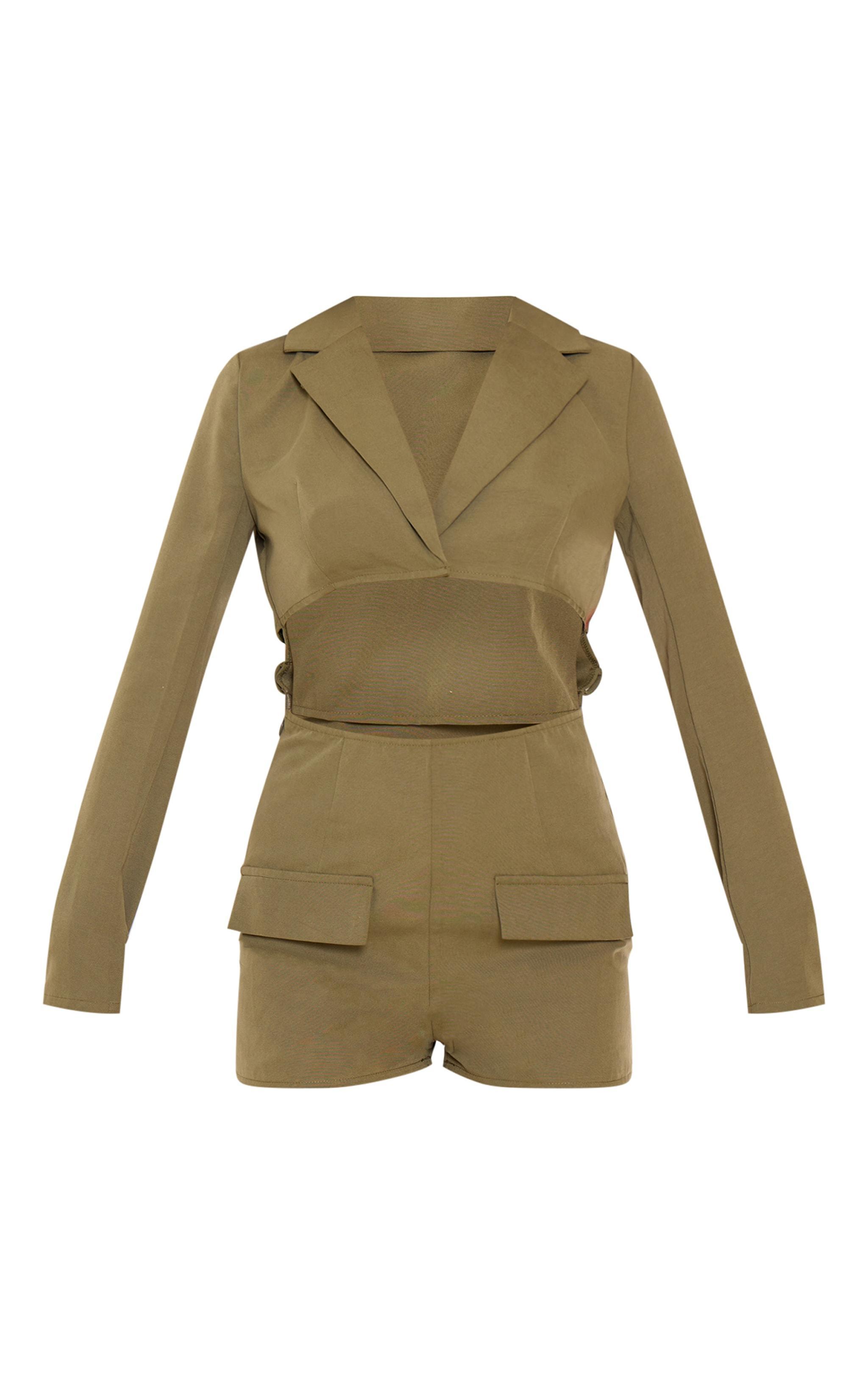 Dark Khaki Tailored Woven Long Sleeve Romper Product Image