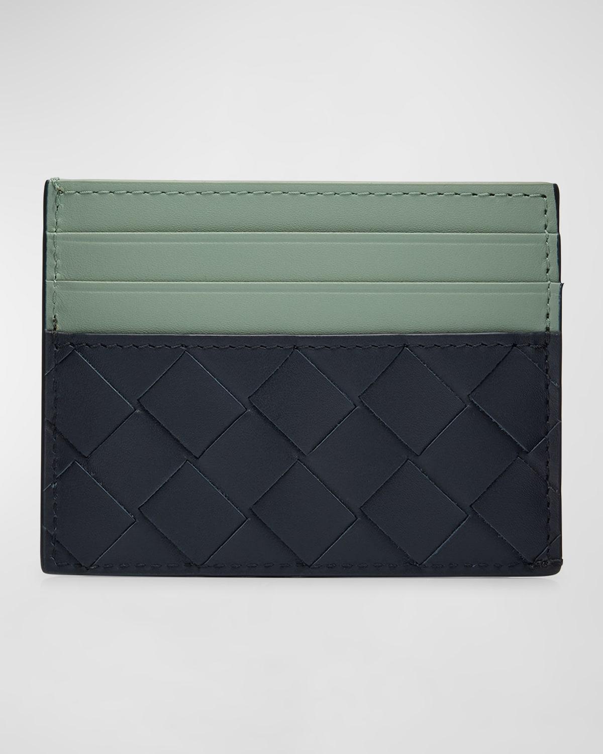 BOTTEGA VENETA Men's Bicolor Intrecciato Leather Card Holder In Navy Orange Product Image