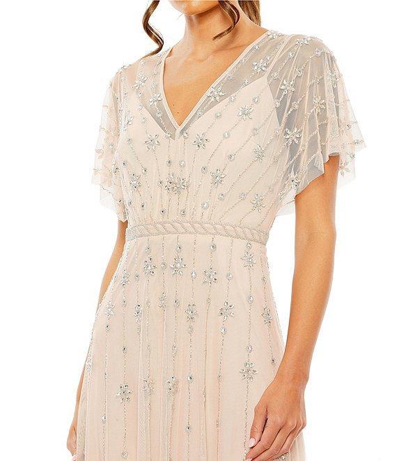 Mac Duggal Beaded V-Neck Short Flutter Sleeve A-Line Gown Product Image