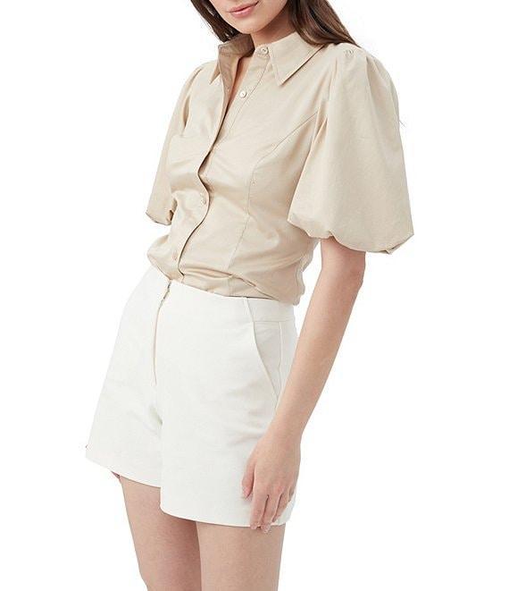 Trina Turk Kari Sateen Point Collar Short Puff Sleeve Button Down Top Product Image