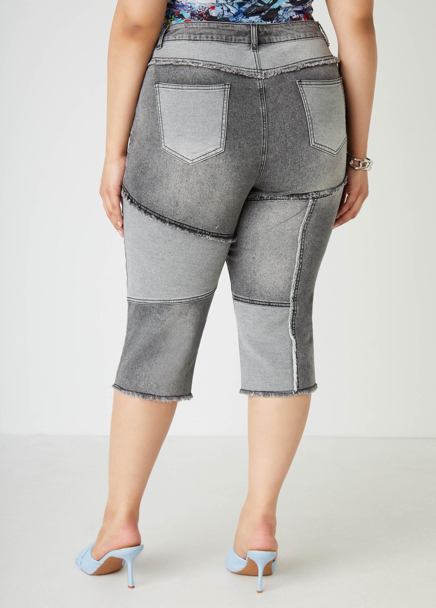 Frayed Patchwork Denim Capris Product Image