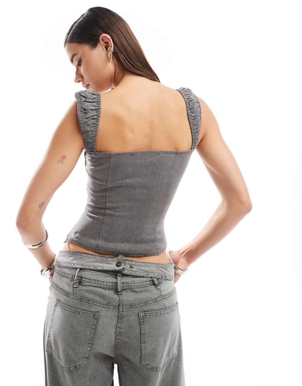 Lioness denim tie up corset top with lace trim in washed gray - part of a set Product Image